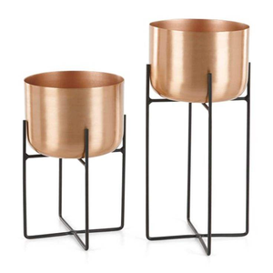 Support de plante en métal or rose de style moderne du milieu du siècle, avec grand pot rond, support de plante décoratif en fer de style nordique pour l'intérieur - Product Image 1