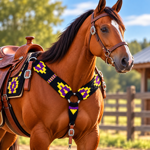 BREASTCOLLAR Collar de Pecho Personalizado para Caballo Estilo Western con Cuentas, Patrón Navajo, en Cuero y Lana Morado, Amarillo y Negro, Hecho en Uttar Pradesh - Product Image 3