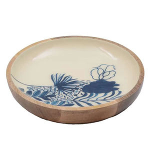 Bol à salade en bois de manguier émaillé fait main avec motif floral bleu, bol de service en bois pour mélanger les fruits, ustensiles de cuisine rustiques - Product Image 1