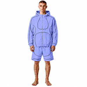 Custom Logo Shorts Piping <b>Zip</b> <b>Hooded</b> Jackets Tracksuit Reflective Nylon Unisex Heavyweight Windproof Spring 2 Piece Set - Product Image 3