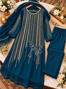 Conjunto de 3 Piezas de Chifón con Bordado Intenso, Traje Indio Pakistaní para Fiestas, Anarkali - Product Image 2