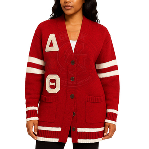 Cárdigan largo de punto rojo personalizado de la hermandad Delta Sorority con rayas blancas, suéteres para mujer con logo de letras griegas, manga larga con botones, estilo preppy. - Product Image 4