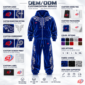 Conjunto de Sudadera con Capucha y Pantalones de Terciopelo Velour OEM Cobalt Dynasty Glow con Pedrería de Cristal, 95% Algodón, 5% Elastano, Premium - Product Image 6