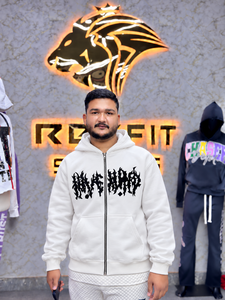 Custom Heavyweight <b>White</b> Zip Up Hoodie French Terry Black Screen Print <b>Mens</b> Streetwear <b>Sweatshirt</b> Wholesale - Product Image 4