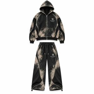 Conjunto de chándal de forro polar con capucha para hombre, lavado ácido, manga larga, color liso, informal, con cremallera, pantalones con cordón, ajuste regular, invierno - Product Image 1