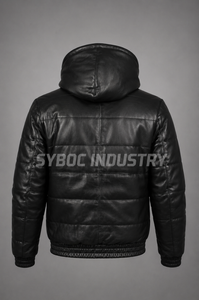 Blouson matelassé en cuir pour homme avec options de col en tricot et capuche, coloris noir et marron, fermeture éclair sur le devant, hiver - Product Image 3