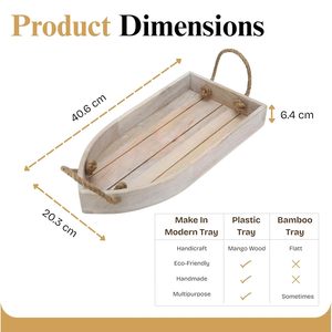 Jarrón de mesa de madera artesanal rústico con forma de barco de Kajal Industries, con asas de cuerda, patrón horizontal, temática geométrica, color blanco - Product Image 2