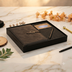 Coffret Cadeau Luxe Aurelux : Carnet Exécutif Noir, Stylo, Porte-Cartes, Étui Rigide avec Boucle en Mousse Double Face et Bouton Antique - Product Image 4