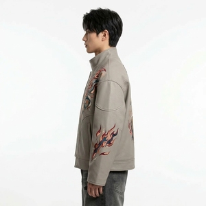 Genuine Leather <b>Jacket</b> <b>Chinese</b> Style Embroidered Flame Pattern Stand Collar Zipper Closure Autumn Wear Regular Fit - Product Image 4