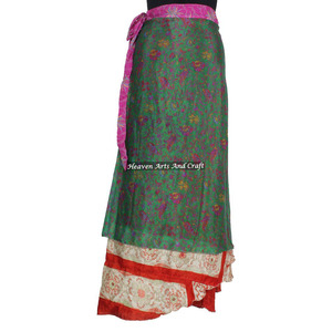 Boho New Indian Vintage Wrap Tie Long Skirt Recycled Silk Saris Style Skirts Sarongs Skirts Indian <b>Old</b> Saree Reversible Print - Product Image 4