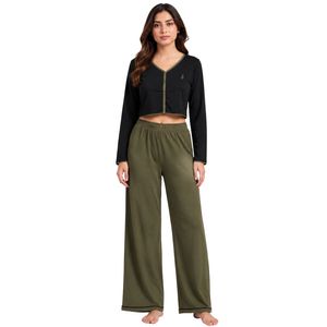 Conjunto de Salón para Mujer Negro y Verde Oliva del Fabricante: Cárdigan Corto de Manga Larga y Pantalones de Pijama de Pierna Ancha, Ropa de Dormir de Punto Suave, Prendas OEM - Product Image 1