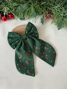 Green Embroidered Bowknot Hair Clip With Polka Dot And <b>Candy</b> <b>Cane</b> Pattern Christmas Women Sweet Style Fabric Handmade - Product Image 1