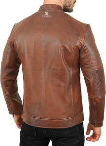 Blouson en cuir pour homme, style motard vintage, en cuir véritable, coupe ajustée, pour l'hiver, tenue décontractée 2026 - Product Image 5