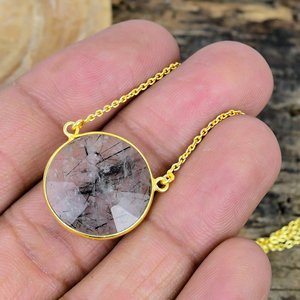 Natural <b>Black</b> Rutile Round Shape Charm Gemstone <b>Chain</b> Necklace 18k Gold Micron Over 925 Sterling Silver - Product Image 4