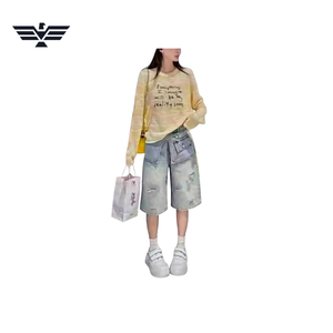 High Waist Stonewashed <b>Denim</b> Cargo Pants Ripped Loose Fit Summer Casual Wear Cotton Woven Fabric - Product Image 1