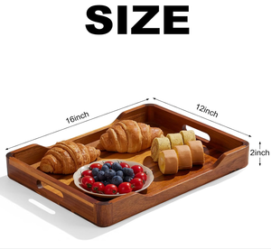 Acacia Wood Set of 2 Serving Tray with Handles,Large & Small Food Serving Trays for Coffee Table, Kitchen Counter, <b>Breakfast</b> - Product Image 2