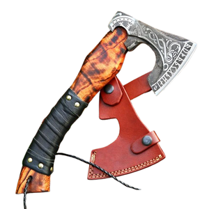 Hache Tomahawk artisanale avec manche en bois et fourreau en cuir, lame en acier forgé, hache de survie - Product Image 1