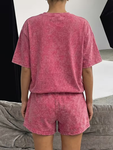 Washed 2pcs Set Women's Loose Short-Sleeve <b>Top</b> Elastic Waist Drawstring Shorts Vintage Street Style Casual Loungewear Summer - Product Image 3