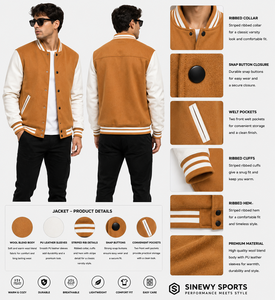 Veste de sport SINEWY pour homme en mélange de laine avec manches en cuir PU, fermeture à boutons pression, détails côtelés rayés - Product Image 1