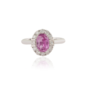 Bague de fiançailles luxueuse en saphir rose fin et halo de diamants, faite à la main en or blanc 18 carats, bijoux personnalisés, best-seller - Product Image 1