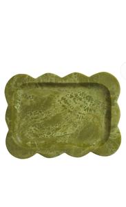 Vintage Style Resin Serving <b>Tray</b> <b>Mirror</b> Polished Olive Green Marble Pattern Scalloped Edge Dinnerware Kitchen Serverware <b>Tray</b> - Product Image 6
