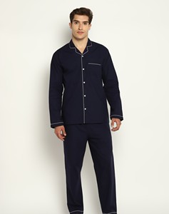 Navy 100% Cotton Breathable Knitted Lightweight Long Sleeve Men's Night <b>Suit</b> with White Navy Home Wear - Product Image 1