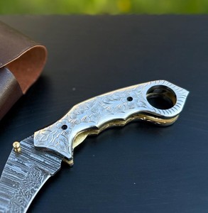 Cuchillo de bolsillo plegable multifuncional DIY hecho a mano con hoja de acero de Damasco de punta caída, mango de acero inoxidable, 6.5 pulgadas de longitud total - Product Image 3