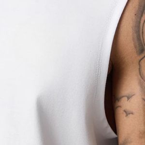 Mens White Sleeveless Jersey Gym Tank Top O-Neck Cotton Printed Logo Athletic Workout Shirt Fitness Training Sportswear Apparel - Product Image 5