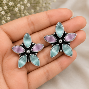 Wholesale Oxidized Silver Flower Shape Quartz Multi <b>Stud</b> <b>Earrings</b> Wholesale Bulk | Indian Ethnic Boho Factory Manufacturer - Product Image 6