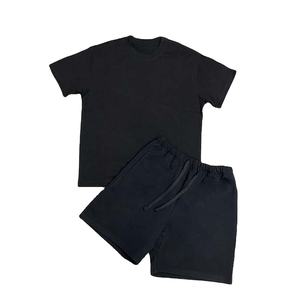 Conjuntos de verano 100% de algodón para hombre, camisetas de manga corta + pantalones cortos de pierna ancha, trajes de dos piezas, peso pesado, 320g, transpirable High Street - Product Image 5