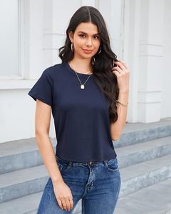 T-shirt en tricot pour femme, bleu marine, col rond, manches courtes, coupe ample, séchage rapide, couleur unie, toutes saisons - Product Image 5