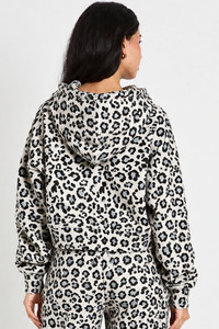 <b>Women</b> <b>White</b> Black Leopard Print Zip Up Hoodie Long Sleeve Casual Cropped <b>Sweatshirt</b> With Adjustable Hood And Relaxed Fit Outfit - Product Image 2
