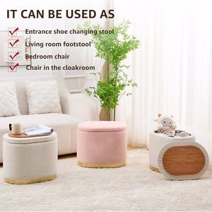 Round Storage Ottoman with Flip Top Lid Multi-Functional Metal Base Side Table Upholstered Vanity Stool with <b>Footrest</b> - Product Image 6
