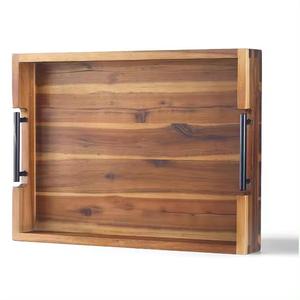 Plateau de service artisanal en bois d'acacia, style rustique, pour le thé, le café et le petit-déjeuner - Product Image 1