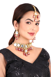 Indian Classic Choker Set Traditional Zircon Gold Plated Crystal Kundan Faux Pearl Wedding Party Necklace Earrings Alloy High - Product Image 6