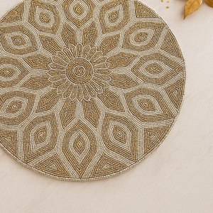 SET of 2 Floral Gold & Ivory <b>Beaded</b> Eco-Friendly <b>Placemats</b> Handmade Round Home Use Decorative Table Mats for Elegant Dining - Product Image 3