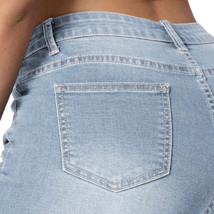 Womens Light Blue Distressed <b>Denim</b> Shorts <b>Stretch</b> Slim Fit Rolled Hem Casual Five Pocket Summer Jean Shorts for Women Everyday - Product Image 4