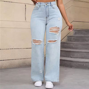 Jeans de mezclilla de cintura media, sencillos, tejidos, lavados, de pierna ancha, desgastados, de ajuste holgado, de largo completo, 100% algodón, casuales de verano para mujer - Product Image 4