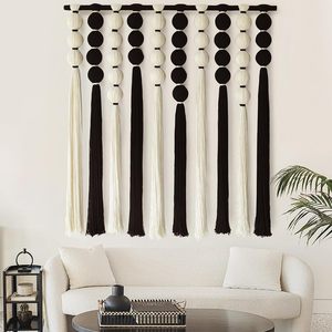 Large Macrame <b>Wall</b> Hanging Macrame <b>Wall</b> <b>Decor</b> Black and White Sphericity Cotton Textile <b>Wall</b> Hanging - Product Image 1
