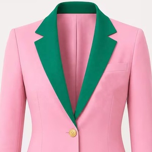 Blazer Rosa para Mujer con Solapa Verde y Botones Dorados, Manga Larga, Color Sólido, Cuello de Solapa, Cierre de un Solo Botón, Lana y Poliéster - Product Image 2