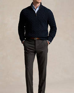 Pull en maille torsadée bleu marine pour homme, col quart zippé, style moderne, décontracté, pour l'hiver, streetwear et usage quotidien - Product Image 3