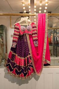 Pink Purple Cotton Lehenga Choli Block Print Embroidered Blouse Crop <b>Top</b> Pleated Floor-Length Skirt <b>Indian</b> Wedding Party Dress - Product Image 4
