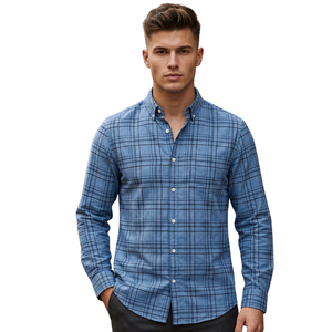 Denim Blue Plaid <b>Men</b> <b>Flannel</b> <b>Shirt</b> Long Sleeve Button Down Checkered Casual <b>Shirt</b> Soft Brushed Fabric Fashion Streetwear Custom - Product Image 1