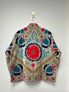 Veste élégante en velours gris brodée Suzani avec motif floral, col montant, manches longues, ouverture devant, vêtements d'extérieur pour femmes, automne - Product Image 2