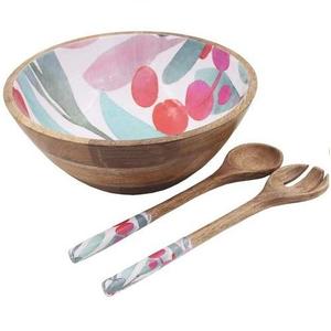 Tazón de Madera Hecho a Mano, Ecológico y Duradero, con Diseño Floral Esmaltado en Rosa Coral y Borde de Madera Natural - Product Image 3