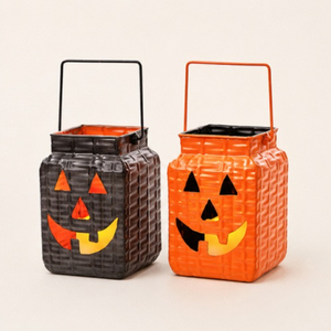 Wholesale Premium Metal Halloween Jack-O-<b>Lantern</b> Set Vintage Orange and Black Crackled Paint Pumpkin <b>Lanterns</b> Home Decor - Product Image 1