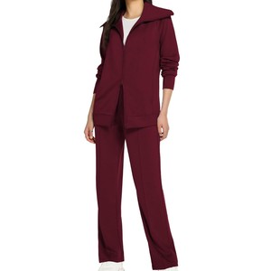 Ensemble de survêtement bordeaux pour femme, couleur unie, manches longues, fermeture éclair, coupe décontractée, respirant, 100 % polyester, idéal pour l'automne - Product Image 1