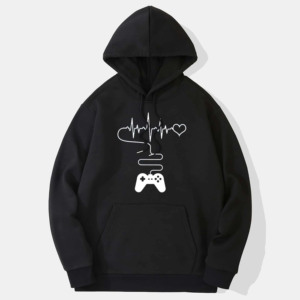 Men's Black Hooded Sweatshirt Heartbeat <b>Gaming</b> <b>Controller</b> Print Casual Cotton Fleece Pocket Regular Fit Eco-Friendly Windproof - Product Image 1