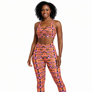 Ensemble de yoga taille mi-haute pour femme, soutien-gorge de sport et leggings en Spandex/Polyester, personnalisable OEM/ODM, vente en gros, imprimé Kente africain - Product Image 1