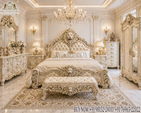 Suite de chambre à coucher de style impérial, thème noir et or, lit moderne en teck de designer exclusif, taille complète, avec ensemble complet